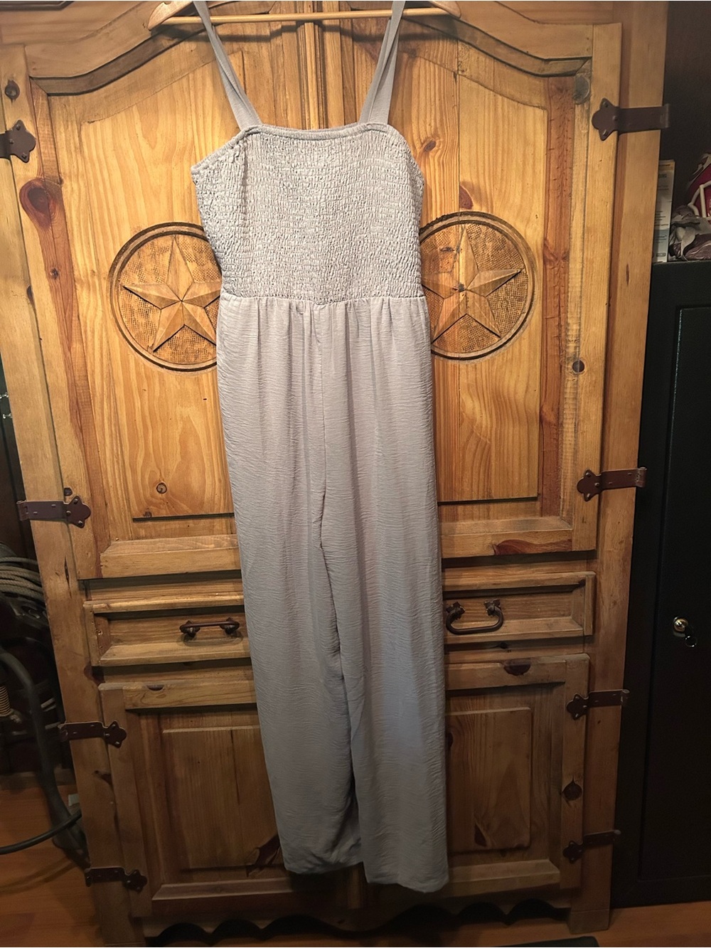 Smocked Light Gray Strapless-Top Wide-Leg Jumpsuit
